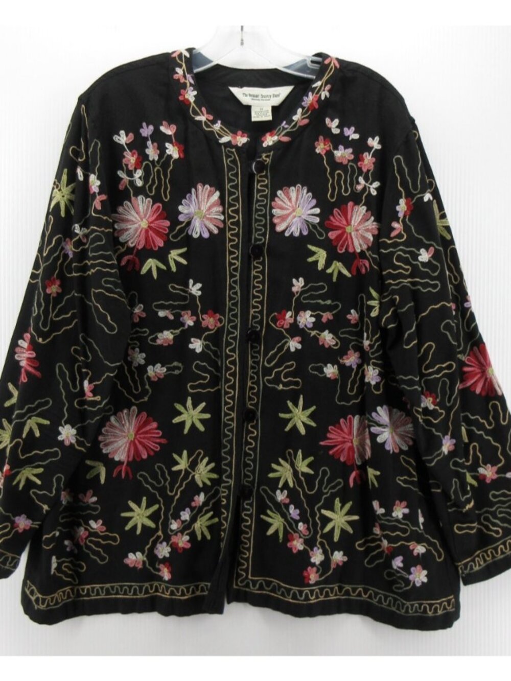 The Vermont Country Store Top 1X Linen Blouse Floral Art Cottage